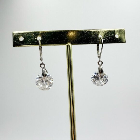 Silver Tone Round White Crystals Dangle Hook Stud Earrings - Picture 1 of 4